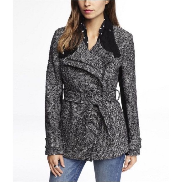 Express | Asymmetrical Knit Trimmed Boucle Coat - Picture 9 of 9